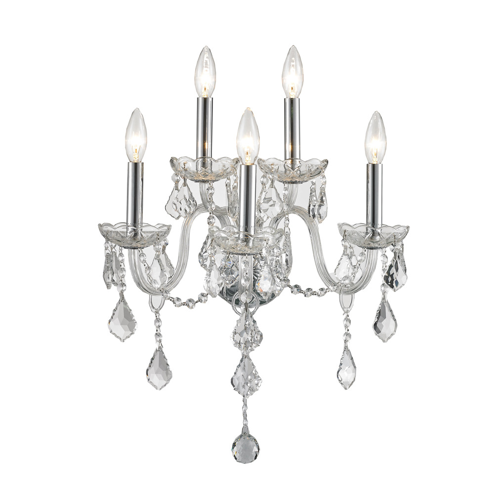 Provence 5-Light Chrome Finish and Clear Crystal Candle Wall Sconce Light 13 in. W x 18 in. H Medium