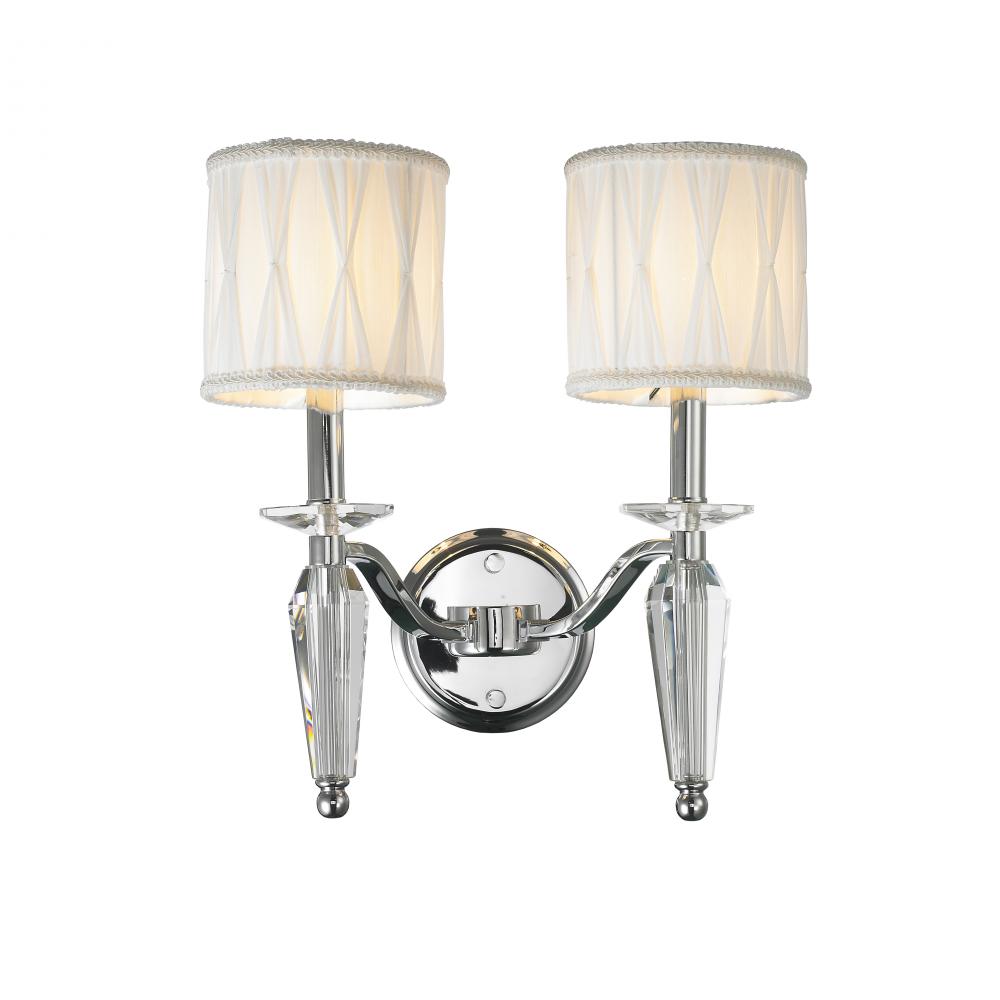 Gatsby 2-Light Chrome Finish and Clear Crystal Wall Sconce Light with White Fabric Shade 13 in. W x 
