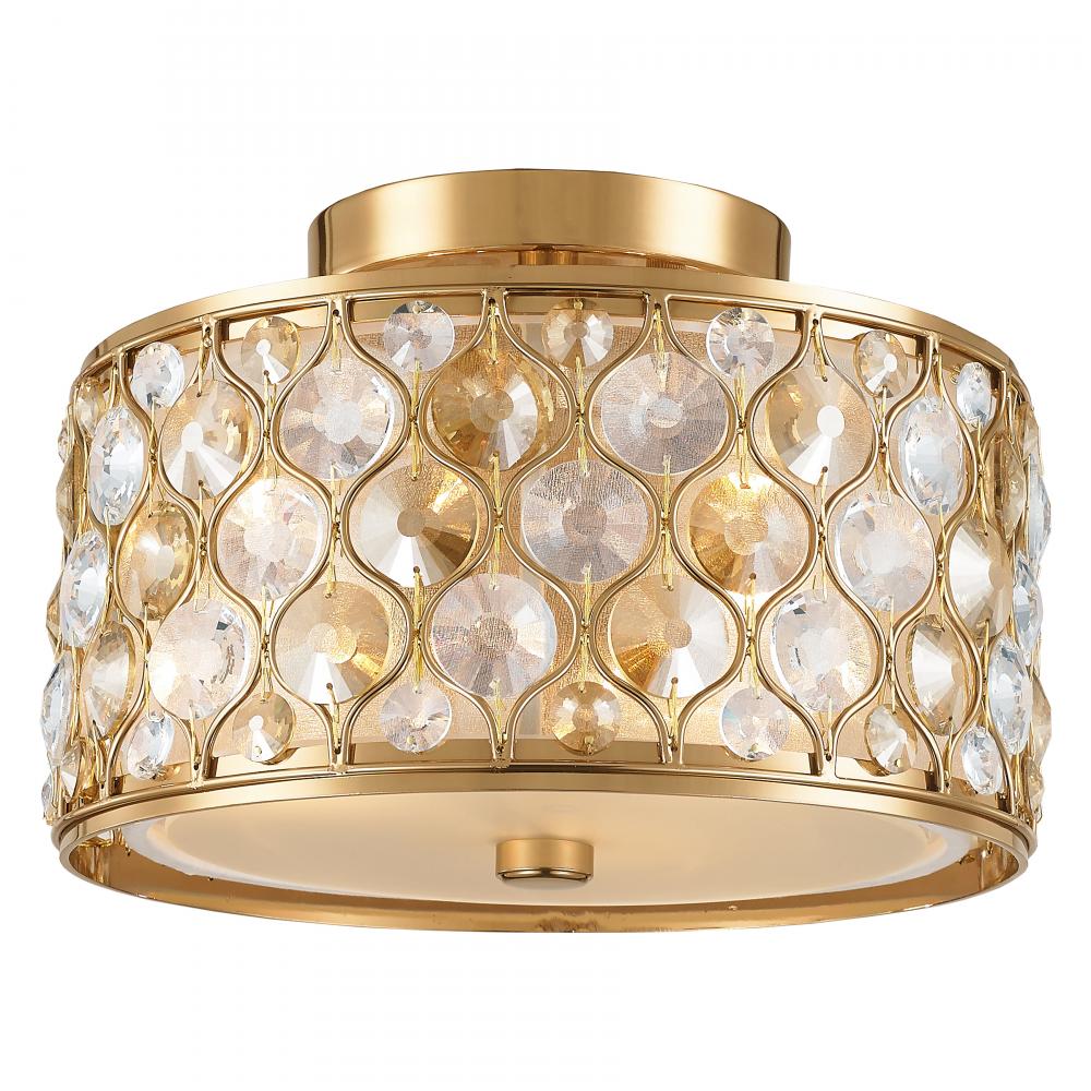 Paris 3-Light Matte Gold Finish with Clear and Golden Teak Crystal Flush Mount Ceiling Light 12 in. 