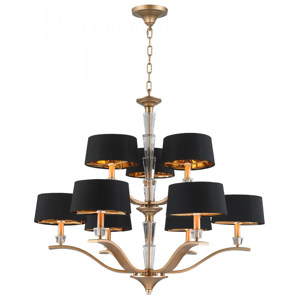 Gatsby  9-Light Matte Gold Finish with Black Empire Shade Chandelier 34 in. Dia x 30 in. H Two Tier
