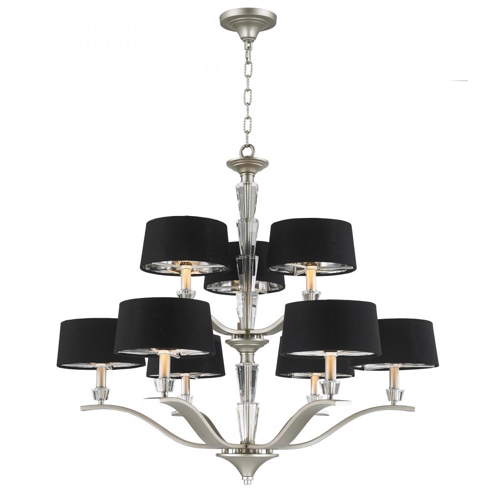Gatsby  9-Light Matte Nickel Finish with Black Empire Shade Chandelier 34 in. Dia x 30 in. H Two Tie