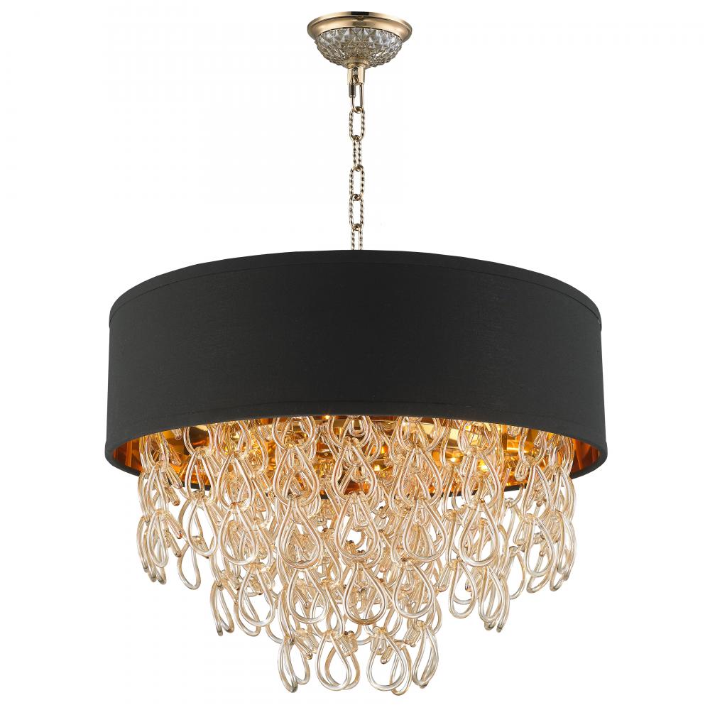 Halo Collection 6 Light Champagne GoldFinish and Golden Teak Crystal with Black Drum Shade Pendant D