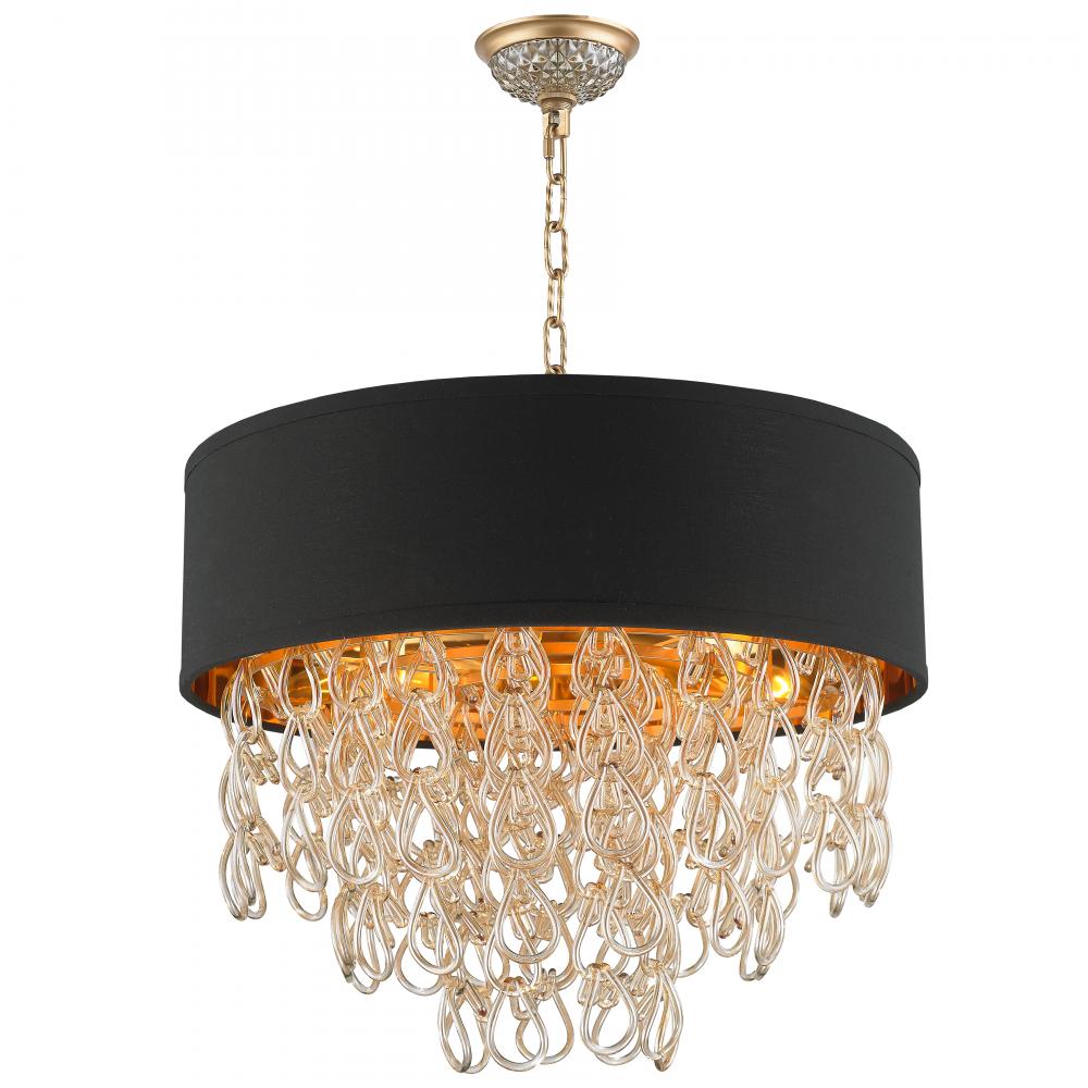 Halo Collection 6 Light Matte GoldFinish and Golden Teak Crystal with Black Drum Shade Pendant D20&#