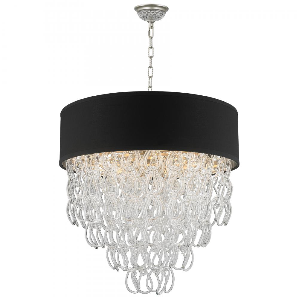 Halo Collection 9 Light Matte Nickel Finish and Clear Crystal with Black Drum Shade Pendant D24"