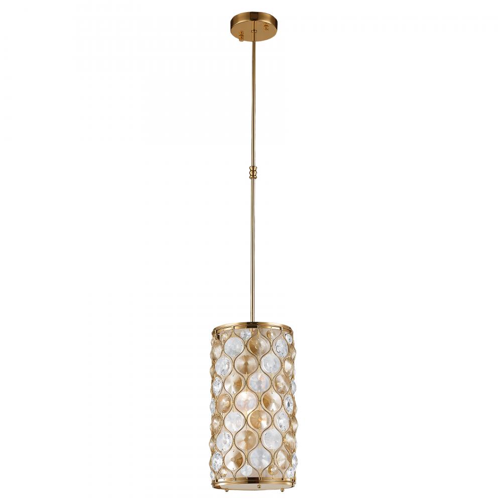 Paris 1-Light Matte Gold Finish with Clear and Golden Teak Crystal Mini Pendant Light 8 in. Dia x 15