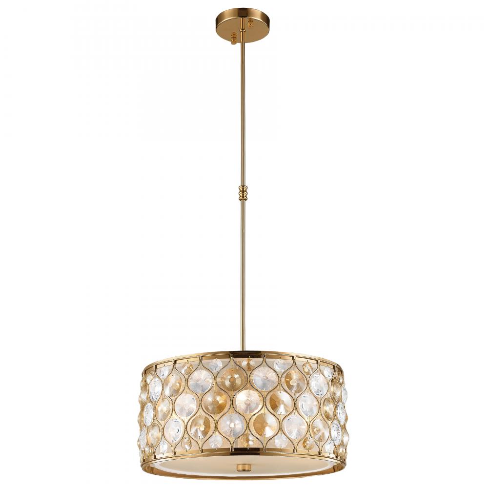 Paris 4-Light Matte Gold Finish with Clear and Golden Teak Crystal Pendant Light 16 in. Dia x 8 in. 
