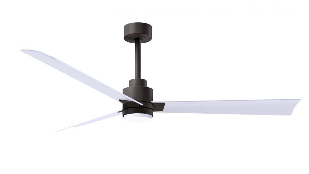 Alessandra 3-blade transitional ceiling fan in textured bronze finish with matte white blades. Optim